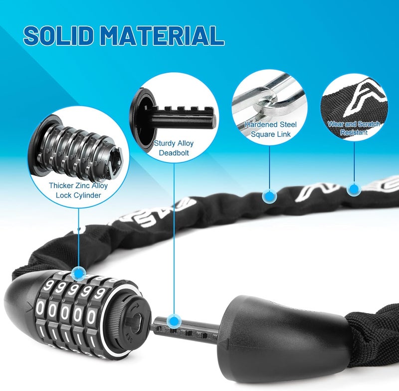 APECYC Heavy Duty Bike Chain Lock – 5 Digit Combination Anti-Theft Bicycle Lock, 3FT/4FT/5FT Hardened Steel Square Links for E-Bike, Motorcycle, Scooter, Gate - Image 5
